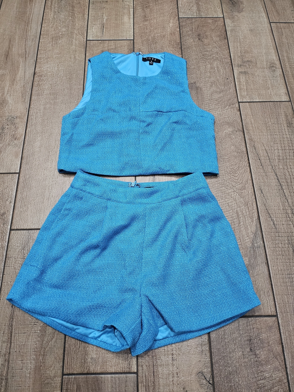 Two-Piece Cropped Top & High-Waist Shorts Set - Bright Turquoise
